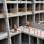 A construction site with workers reinforcing concrete structures, highlighting the importance of NBR 6118 standards to avoid structural failures like cracking and excessive deformation. Emphasis on quality control and adherence to safety regulations.