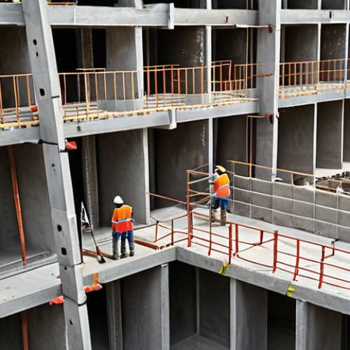 A construction site with workers reinforcing concrete structures, highlighting the importance of NBR 6118 standards to avoid structural failures like cracking and excessive deformation. Emphasis on quality control and adherence to safety regulations.