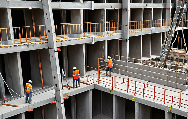 A construction site with workers reinforcing concrete structures, highlighting the importance of NBR 6118 standards to avoid structural failures like cracking and excessive deformation. Emphasis on quality control and adherence to safety regulations.