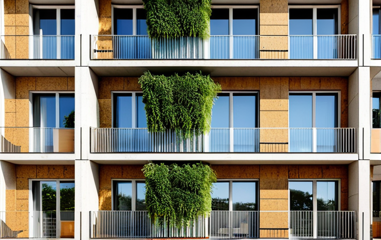 Sustainable Building Facade**

"Modern apartment building in Lisbon, Portugal, featuring a ventilated facade with natural cork cladding and integrated vertical garden, fully clothed people on balconies, abundant greenery, safe for work, appropriate content, fully clothed, professional architecture photography, high-quality render, perfect anatomy, natural proportions, family-friendly."

**