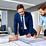건축기술사 취득 후 자격증 활용 사례 - **

Prompt: "A professional architect in a modern office, reviewing blueprints with colleagues, full...