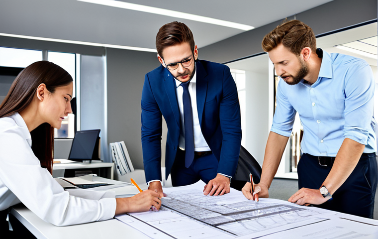 건축기술사 취득 후 자격증 활용 사례 - **
Prompt: "A professional architect in a modern office, reviewing blueprints with colleagues, full...