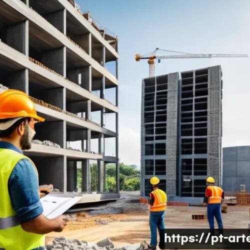건축기술사 실무 능력 향상 방법 - A detailed construction site scene in a modern Brazilian urban area, showcasing a civil engineer wea...