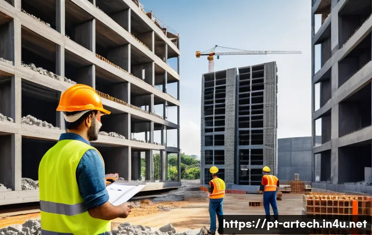 건축기술사 실무 능력 향상 방법 - A detailed construction site scene in a modern Brazilian urban area, showcasing a civil engineer wea...
