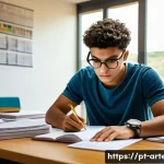 건축기술사 시험의 시간 배분 전략 - A focused Brazilian civil engineering student sitting at a clean desk in a bright study room, surrou...
