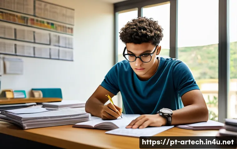 건축기술사 시험의 시간 배분 전략 - A focused Brazilian civil engineering student sitting at a clean desk in a bright study room, surrou...
