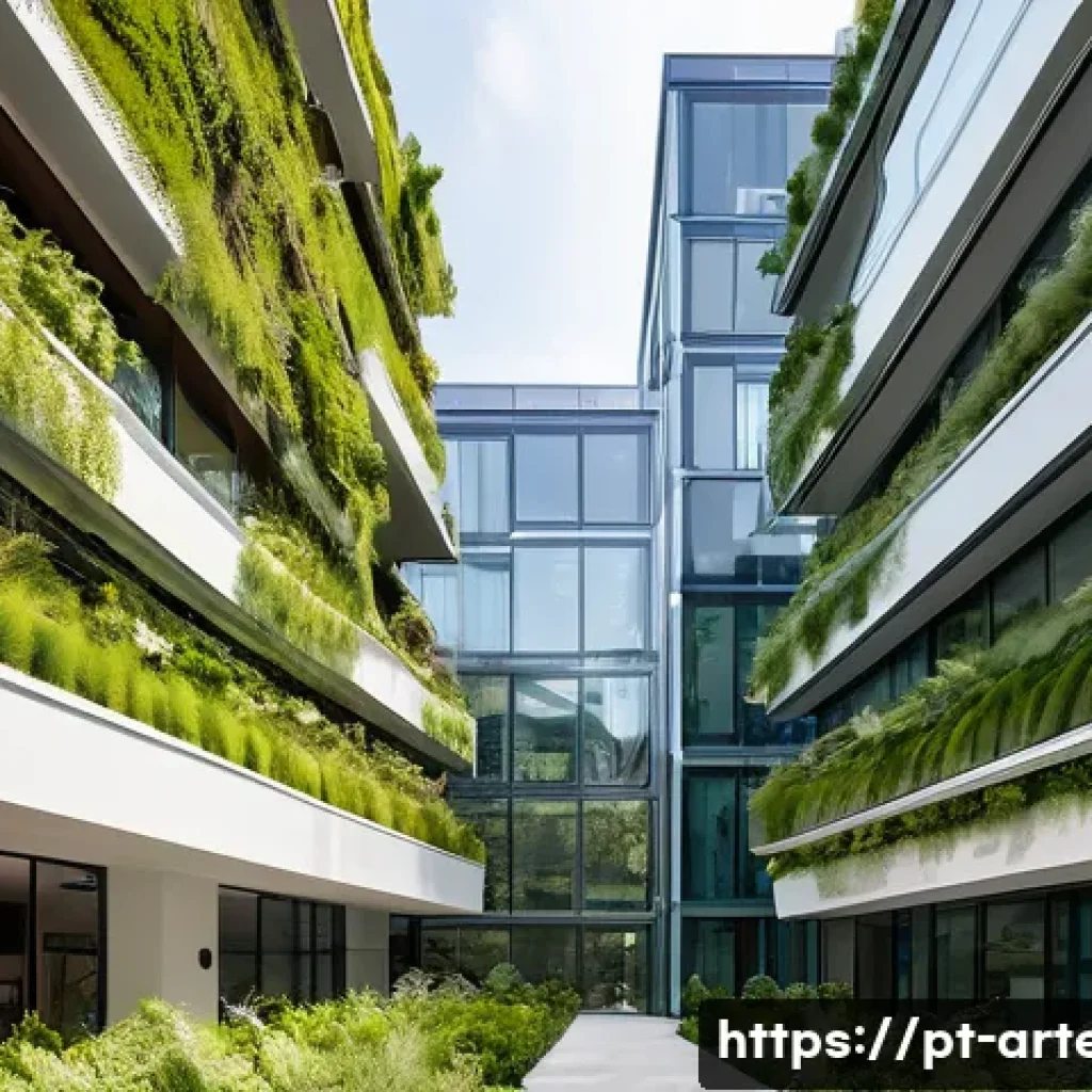 건축기술사와 지속가능한 건축 기술 - A modern sustainable urban building featuring green architecture elements such as vertical gardens c...