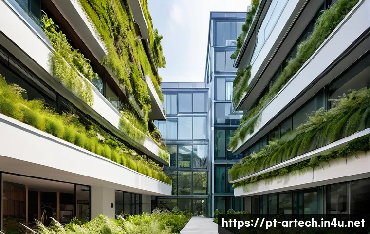 건축기술사와 지속가능한 건축 기술 - A modern sustainable urban building featuring green architecture elements such as vertical gardens c...