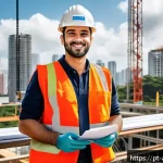 건축기술사 학습에 도움 되는 유튜브 채널 - A modern civil engineer at a construction site in S&atilde;o Paulo, Brazil, wearing safety gear and holding...
