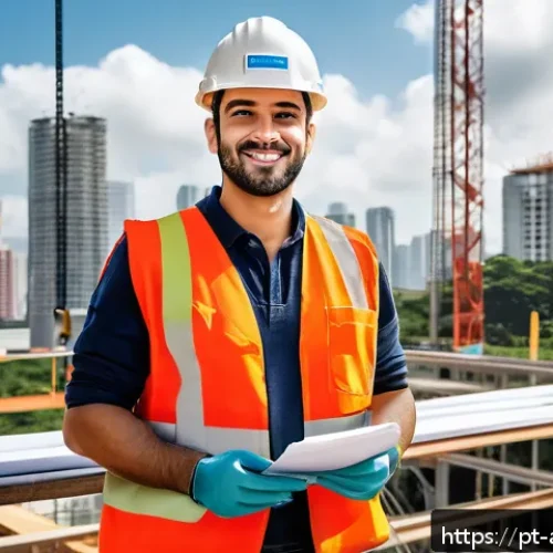 건축기술사 학습에 도움 되는 유튜브 채널 - A modern civil engineer at a construction site in S&atilde;o Paulo, Brazil, wearing safety gear and holding...