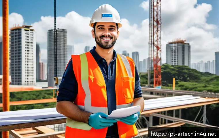 건축기술사 학습에 도움 되는 유튜브 채널 - A modern civil engineer at a construction site in São Paulo, Brazil, wearing safety gear and holding...