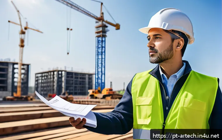 건축기술사 자격증의 장점 - A professional civil engineer in business attire wearing a safety vest and a hard hat, confidently r...