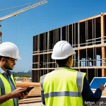 건축기술사와 감리업무 연계 - A modern construction site scene showing a diverse team of engineers and supervisors engaged in an o...