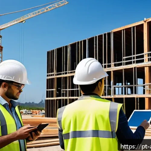 건축기술사와 감리업무 연계 - A modern construction site scene showing a diverse team of engineers and supervisors engaged in an o...