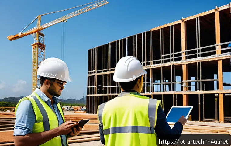 건축기술사와 감리업무 연계 - A modern construction site scene showing a diverse team of engineers and supervisors engaged in an o...